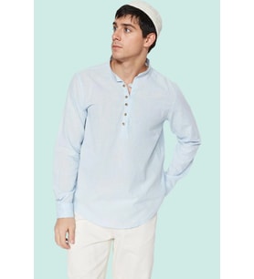 Erkek Slim Fit Hakim Yaka Yarim Patli Uzun Kollu Pamuklu Dokuma Keten Gorunumlu Gomlek Şık