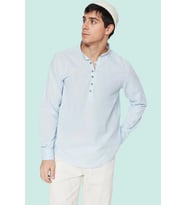 Erkek Slim Fit Hakim Yaka Yarim Patli Uzun Kollu Pamuklu Dokuma Keten Gorunumlu Gomlek Şık