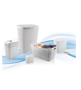 5 Parça Örgü Desenli Plastik Banyo Seti Çamaşır Sepeti Deterjanlık Çöp Kovası Klozet Fırçası - Gri