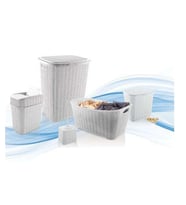 5 Parça Örgü Desenli Plastik Banyo Seti Çamaşır Sepeti Deterjanlık Çöp Kovası Klozet Fırçası - Gri