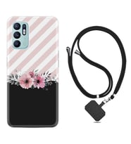 Oppo Reno 6 Kılıf Resimli Boyun Askılı İpli Desenli Silikon Strip Pink Flowers 1396
