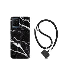 Vivo V21e Kılıf Desenli Silikon Boyun Askılı Siyah Şerit Mermer 1318