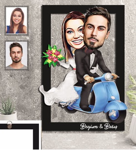 Kişiye Özel Vespa Motorcu Sevgili Karikatürlü 3D Ahşap Tablo 30x47  Mod-4