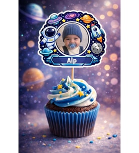 Kişiye Özel Uzay Temalı 6 Adet Cupcake Süsü 8 cm  İsimli Fotoğraflı Doğum Günü Süsü