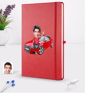 BK Gift Kişiye Özel Plakalı Erkek Audi A3 Karikatürlü Kırmızı Termo Deri Defter 16x24cm Model 1
