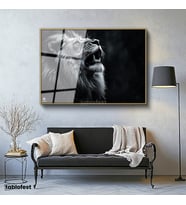 Altın Renk Metal Çerçeveli Tamperli Cam Tablo Yağmur Efektli Kükreyen Aslan Tablosu Duvar Dekoru