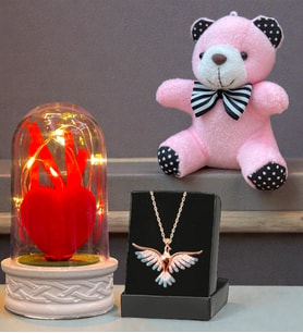 Renkli Anka Kuşu Kolye, Peluş Anahtarlık ve Led Işıklı Fanus Premium Hediye Seti (Model 1)