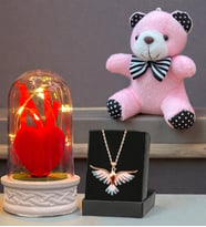 Renkli Anka Kuşu Kolye, Peluş Anahtarlık ve Led Işıklı Fanus Premium Hediye Seti (Model 1)