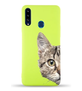 Samsung Galaxy A20s Uyumlu Lansman Kılıf Catface Tasarımlı İçi Kadife Kapak-neYeşil (Şeffaf)