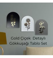 Gold Çiçek Detaylı Ahşap Gökküşağı Duvar Tablo Seti – Siyah Beyaz Gri 70x25 cm Dekoratif Set (Beyaz-Siyah-Bej-Gri-İndigo)