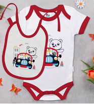 BK Kids Sevimli Sürücü Tasarımlı Kırmızı Bebek Body Zıbın ve Mama Önlüğü Hediye Seti-1