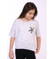 Toontoy Kız Çocuk Yazılı Çiçek Baskılı Tişört (Mavi)