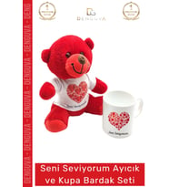 #AyıcıkSeti Peluş Seni Seviyorum Baskılı Tişörtlü Seramik Şık Hediye Ayıcık Kupa Bardak Seti