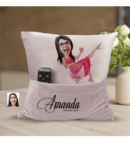 BK Gift Kişiye Özel Anne Karikatür Tasarımlı Organizer Kumanda ve Atıştırmalık Cepli Pembe Kırlent Yastık-1 Arkadaşa Hediye, Cepli Yastık