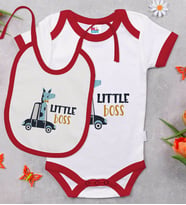 BK Kids Little Boss Tasarımlı Kırmızı Bebek Body Zıbın ve Mama Önlüğü Hediye Seti-1