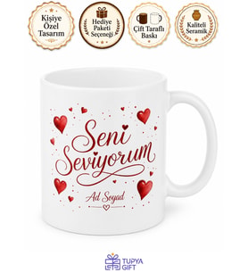 Seni Seviyorum Yazılı Kırmızı Kalpli Hediye Kupa Bardak Sevgiliye Özel Tasarım