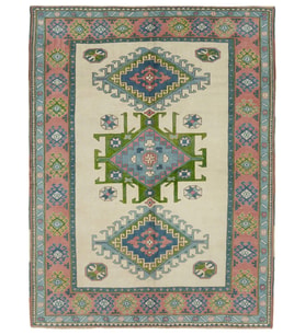 Pembe Krem Tonlarında Etnik Stil Geometrik Desenli Salon Halısı El Dokuma Vintage Model