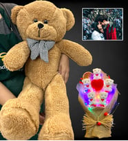 Kişiye Özel Led Işıklı Fotoğraflı Ayıcık Buketi ve Büyük Boy 80cm Kahverengi Peluş Ayıcık (Model 2)