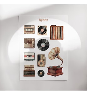 Vintage Retro Müzik Aletleri Sticker Seti (1 adet A6)  Ajanda, Defter, Planlayıcı Çıkartma (Çok Renkli)