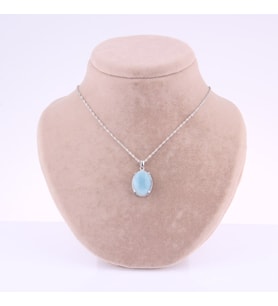 Akuamarin Doğal Taş Gümüş Çerçeveli ve Zincirli Kolye Ucu - 2 x 1,5 cm M348