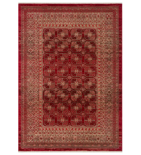Kırmızı Halı Bej Tonlu Geometrik Desenli Klasik Salon Halısı Makine Dokuma Koridor Tipi
