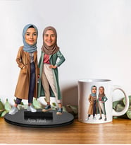 Kişiye Özel Tesettürlü Kadın Arkadaş Tasarımlı Karikatür Biblo Ve Kupa Hediye Seti 263