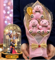 Size Özel 3 Fotoğraflı İsimli Led Işıklı Fanus ve Büyük Boy Pembe Ayıcık Buketi (Model 8)