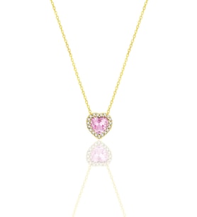 Gümüş Altın Yaldızlı Pırlanta Modeli Pembe Zirkon Taşlı Kalp Kolye SGTL12394GOLD