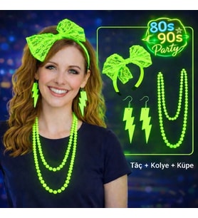 80 ler 90 lar Neon Yeşil Parti Seti - Kolye Küpe Taç