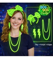 80 ler 90 lar Neon Yeşil Parti Seti - Kolye Küpe Taç