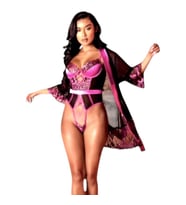 Fantezi Tül Siyah Pembe Bodysuit-Sabahlık Set