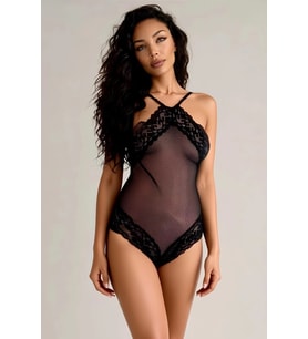 Giyim Kadın Siyah File Görünümlü Tül Bodysuit Özel Tasarım