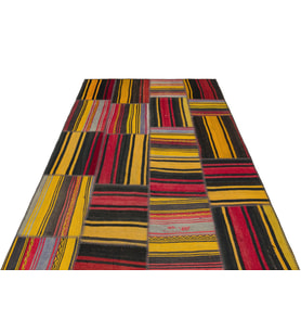 Sarı Kırmızı Geometrik Patchwork Etnik El Dokuma Yün Pamuk Salon Kilimi Koridor Yatak Odası