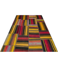 Sarı Kırmızı Geometrik Patchwork Etnik El Dokuma Yün Pamuk Salon Kilimi Koridor Yatak Odası