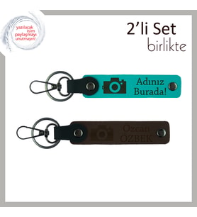 Fotoğrafçı Öğrenciye Hediye, Kamera Temalı, İsme Özel Anahtarlık Takımı, Koyu Turkuaz-Koyu Kahve