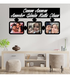 Anneler Gününe Özel Canım Annem Yazılı 3 Fotoğraflı Ahşap Tablo