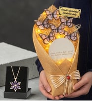 Kişiye Özel Led Işıklı Aynalı Beyaz Kelebek Buketi ve Ametist Taşlı Lotus Kolye (Pembe)