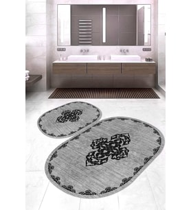 Dijital Baskılı Kaymaz Taban Yıkanabilir Oval 2'li Klozet Takımı Banyo Paspası NOKZ-SD-1086 (Gri)