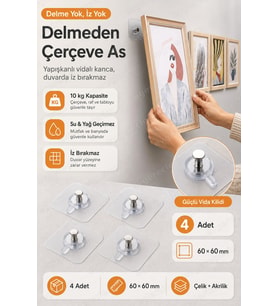 Deliksiz Yapışkanlı Raf Tutucu ve Çerçeve Askısı Vidalı Tırnak Kanca 4 Adet