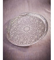 Gümüş Renk Selçuklu Motifi Zamak Metal Yuvarlak Lüks Servis-Tepsisi – 35 cm