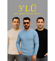 Erkek Fitilli Triko Kazak 3’lü Set – Bej, Bebek Mavisi, SiyahKalın Dokuma Pamuklu Regular Fit Bisiklet Yaka Uzun Kollu Kışlık Ve Baharlık Rahat Triko Kombini