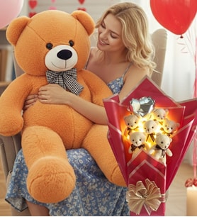 90 Cm Peluş Ayı ve LED Işıklı Romantik Balonlu Sütlü Kahve Ayıcık Buketi Anneler Günü Doğüm Günü Hediyesi (Kahverengi Açık)