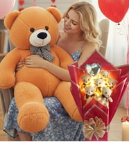 90 Cm Peluş Ayı ve LED Işıklı Romantik Balonlu Sütlü Kahve Ayıcık Buketi Anneler Günü Doğüm Günü Hediyesi (Kahverengi Açık)