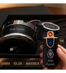 İsme Özel Aslan Logolu Usb Şarjlı Çakmak Küllük Anahtarlık - Eşe Sevgiliye Arkadaşa Babaya Hediye Seti