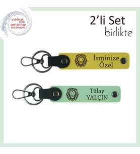 Aslan Figürlü Kalıcı Hatıralık, Doğum Gününe Uygun Yazılabilir Deri Anahtarlık, Sarı-Açık Yeşil (Çok Renkli)