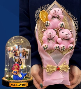 Kişiye Özel 3 Fotoğraflı İsimli Led Işıklı Fanus ve Büyük Boy Pembe Ayıcık Buketi (Model 7)