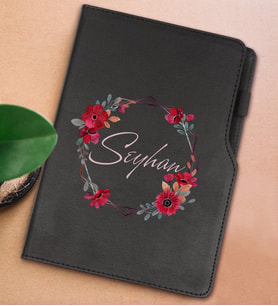 BK Gift Kişiye Özel Çiçek Tasarımlı Siyah Termo Deri Not Defteri 15x21cm-27