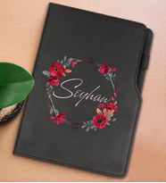 BK Gift Kişiye Özel Çiçek Tasarımlı Siyah Termo Deri Not Defteri 15x21cm-27