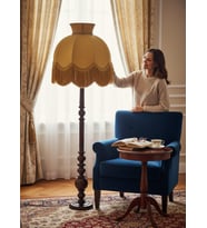 Gold Kadife Başlık Koyu Ceviz Ahşap Ayaklı Lambader Vintage Model 170x50cm