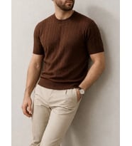 Erkek Yazlık Triko Dokuma Tişört Kısa Kol Bisiklet Yaka Örgü Desenli T-Shirt - Kahverengi